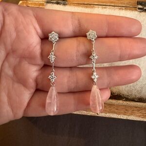 Elegant Silver and Pink Natural Crystal Drop Earrings